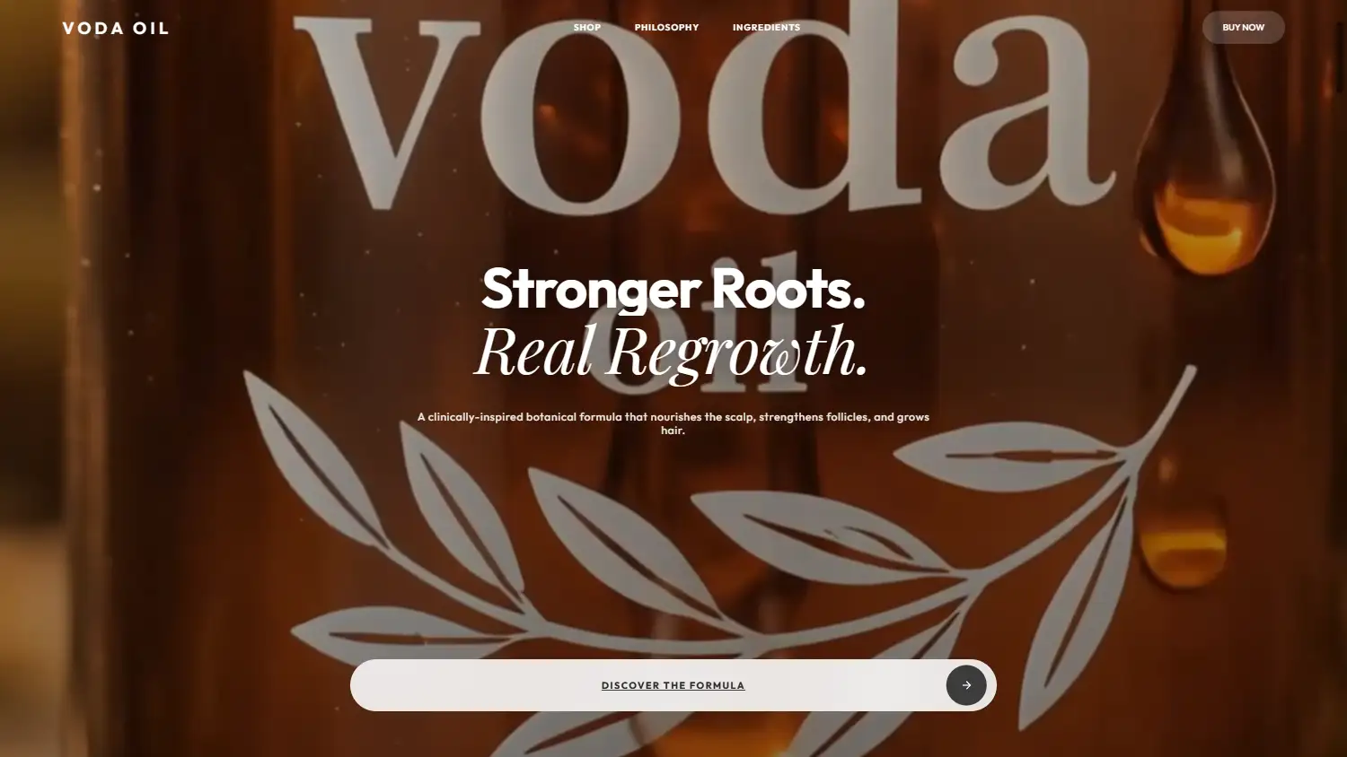 VODA Oil, Hair oil / E-commerce. Home page of the live site.