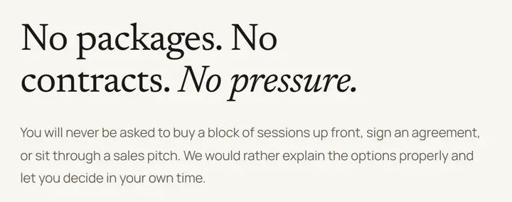NuBody's section headed “No packages. No contracts. No pressure.”, and the promise beneath it that no one is asked to buy sessions up front or sign anything.