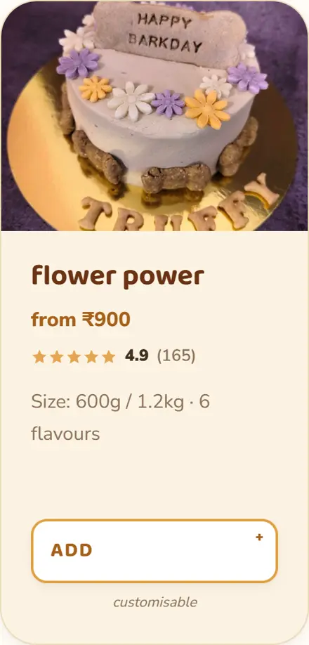 A Pet Gobbles cake card: “flower power”, from ₹900, rated 4.9 from 165 reviews, in 600g or 1.2kg and six flavours.