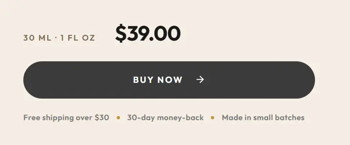 VODA Oil's buy box: 30ml for $39.00, a Buy now button, and free shipping over $30, 30-day money-back and made in small batches beneath it.